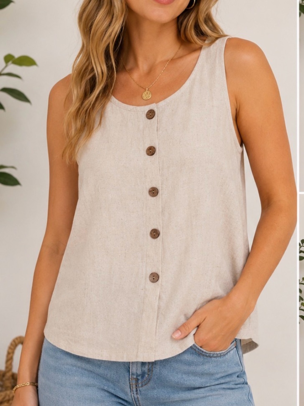 NWT Oatmeal Linen Look Button Back Sleeveless Tank Top S